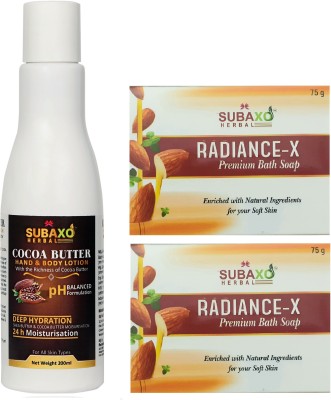 Subaxo Herbal Cocoa Butter Body Lotion 200 ml And Herbal Radiance-X Soap 2 Pc Each 75 g(3 Items in the set)