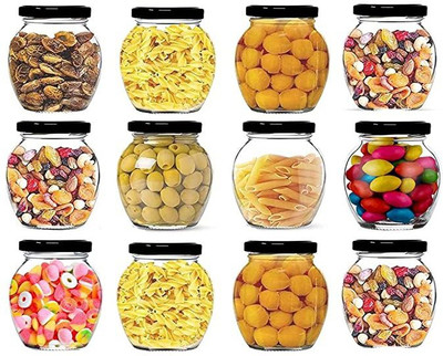 Adhunyk Glass Grocery Container  - 350 ml(Pack of 12, Clear, Black)