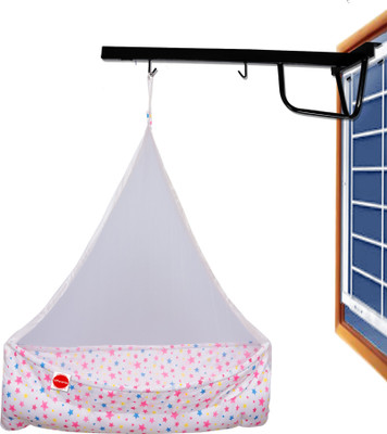 VParents Joy Baby Cradle with Attached bed and Mosquito net and Window Cradle MetalHanger(Pink)