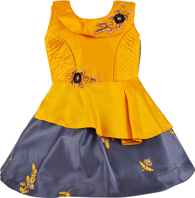 Wishkaro Girls Midi/Knee Length Party Dress(Yellow, Sleeveless)