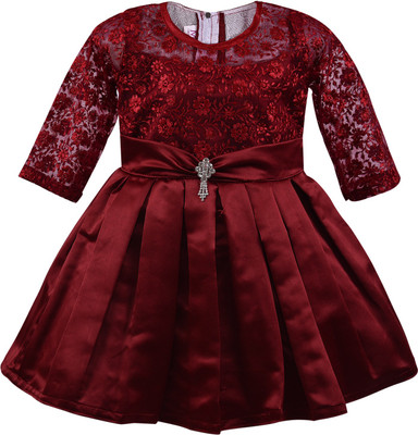Wishkaro Girls Midi/Knee Length Party Dress(Maroon, 3/4 Sleeve)