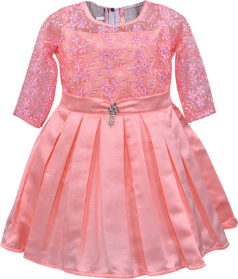 Wishkaro Girls Midi/Knee Length Party Dress(Pink, 3/4 Sleeve)