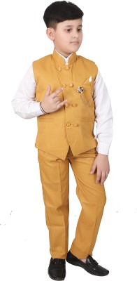 Qitty Boys Festive & Party Shirt, Waistcoat and Pant Set(Gold Pack of 1)