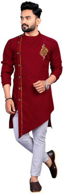 tradenest Men Solid Asymmetric Kurta(Maroon)