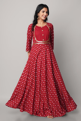 God Bless Women Printed Flared Kurta(Maroon)