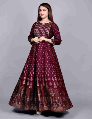 BPG fashion Women Printed Gown Kurta(Maroon)