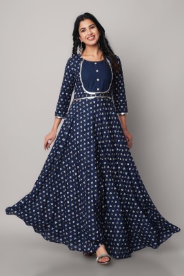 God Bless Women Printed Flared Kurta(Blue)