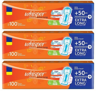 Whisper Choice Extra Long Stain Protection XL - 6+6+6 Counts Sanitary Pad(Pack of 3)