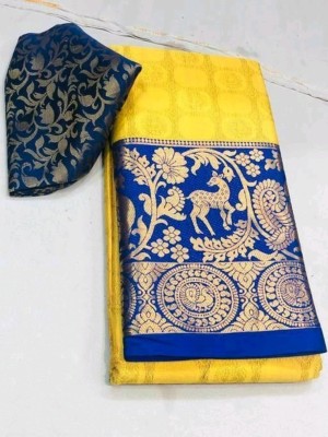 Bombey Velvat Fab Paisley, Color Block, Temple Border, Striped, Woven, Embellished, Floral Print, Solid/Plain, Checkered Pochampally Pure Silk, Cotton Silk Saree(Blue, Yellow)