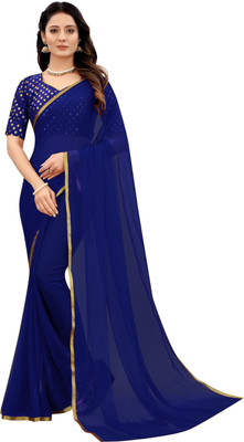 JiproStore Solid/Plain Daily Wear Georgette Saree(Dark Blue)