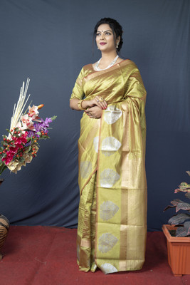 sarjan creation Color Block Kanjivaram Linen Saree(Dark Green)