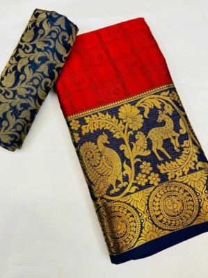 Bombey Velvat Fab Color Block, Temple Border, Striped, Embroidered, Woven, Embellished, Solid/Plain, Checkered Kanjivaram Pure Silk, Cotton Silk Saree(Dark Blue, Red)