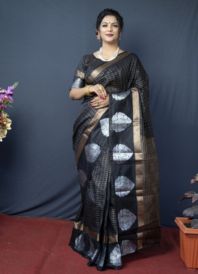sarjan creation Color Block Kanjivaram Linen Saree(Black)