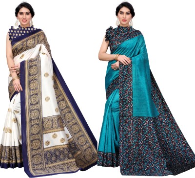 Aadvika Printed Daily Wear Pure Silk, Art Silk Saree(Pack of 2, Blue, White)