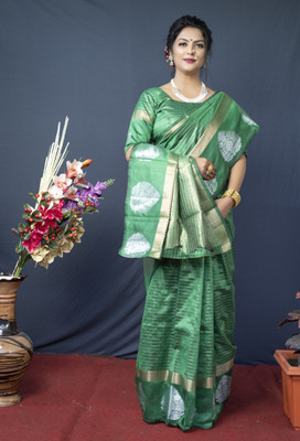 sarjan creation Color Block Kanjivaram Linen Saree(Green)