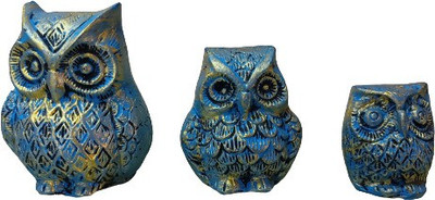 Abn Traders Handmade Owl Statue Idol Home Pack Of 3 Decorative Showpiece  -  8 cm(Marble, Multicolor)
