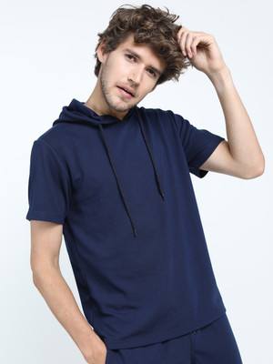 HIGHLANDER Solid Men Hooded Neck Dark Blue T-Shirt