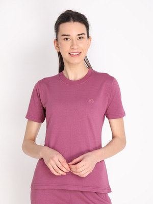 CHKOKKO Solid Women Round Neck Purple T-Shirt