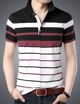 Eyebogler Striped Men Polo Neck White T-Shirt