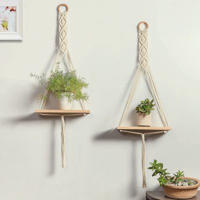 RAKANO Macrame Wall Shelf Pure Cotton Cord Pine Wooden Shelves Pack of 2 Plant Container Set(Pack of 2, Wood)