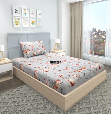 Vomzer 280 TC Cotton Single Floral Fitted (Elastic) Bedsheet(Pack of 1, Grey Sun)