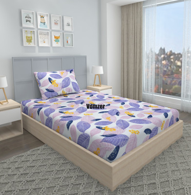 Vomzer 280 TC Cotton Single Floral Fitted (Elastic) Bedsheet(Pack of 1, Purple Leaf)