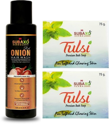 Subaxo Herbal Red Onion Hair Wash-Shampoo 120 ml And Herbal Tulsi soap 2 Pc Each 75 g(2 Items in the set)