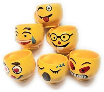 TrulyCeramics Yellow Emoji Smiley Coffee Tea Cup Set, Set of 6 Coffees/Tea Cups Ceramic Coffee Mug(150 ml, Pack of 6)