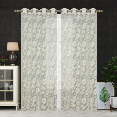 Honger 274 cm (9 ft) Polyester Semi Transparent Long Door Curtain (Pack Of 2)(Floral, Cream)