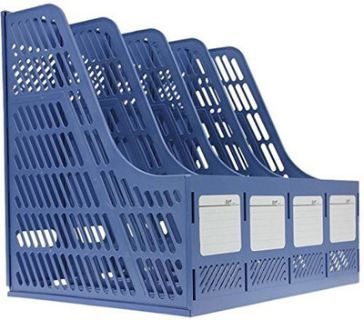 Flipco 4 Compartments Plastic Office Table Top Book Shelf Organizer Magazine Paper Document Folder Tray(Blue)