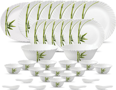 LAOPALA Pack of 33 Opalware Fluted Green Dinner Set(White, Green, Microwave Safe)