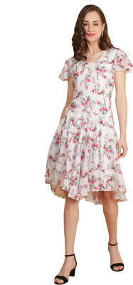 TSM Women Fit and Flare White, Green, Pink Knee Length Dress