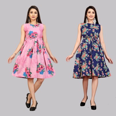 Modli 20 Fashion Women Fit and Flare Blue, Pink Dress