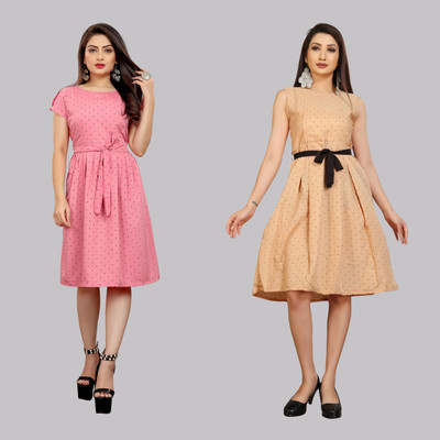 Hiral Creation Women Fit and Flare Pink, Beige Knee Length Dress