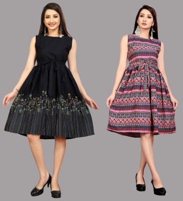 Modli 20 Fashion Women Fit and Flare Black, Multicolor Dress