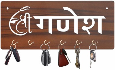 KREEPO Shree Ganesh MDF Laser Cut Key Holder Stainless Hooks for Home Decor_KR48 Wood Key Holder(6 Hooks)