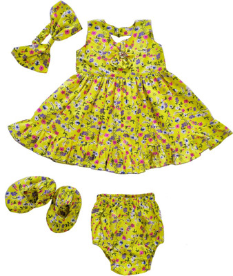 Little Aayu Baby Girls Casual Dress Bloomer, Hair Band, Bootie(Lemon Yellow)