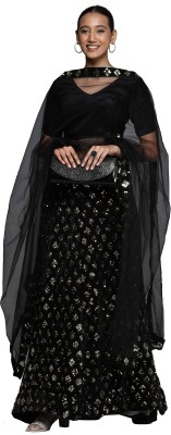 manvaa Embroidered Semi Stitched Lehenga Choli(Silver, Black)