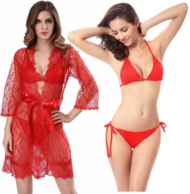 IyaraCollection Women Robe and Lingerie Set(Red)