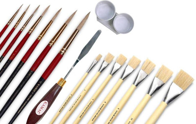 KAMAL Artist Quality Oil Painting Tool Kit with Flat(Banner) and Round Hog Hair Brushes, Painting Knife and Double Dipper for Oil, Acrylic, Poster, Fabric, Encaustic Painting(Red/Black and Cream/Blue) KAMAL Artist Quality Oil Painting Tool Kit with Flat(Banner) and Round Hog Hair Brushes, Painting Knife and Double Dipper for Oil, Acrylic, Poster, Fabric, Encaustic Painting(Red/Black and Cream/Blue)