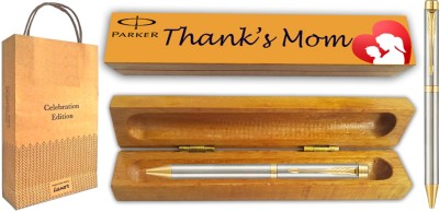 PARKER Folio Stainless Steel Ball Pen with Wooden Thank's Mom Wishing Gift Box Ball Pen(Blue)