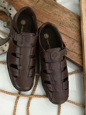 UNDERROUTE 64082 Stylish,Comfortable,Strappy,Genuine leather Velcro Men Brown Sandals