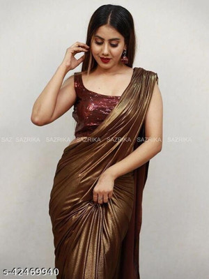 ShiVAdit Ethnic Solid/Plain Bollywood Lycra Blend Saree(Brown)