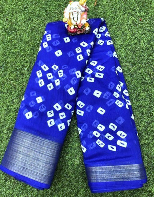 Stuti Printed Bandhani Cotton Blend Saree(Blue)