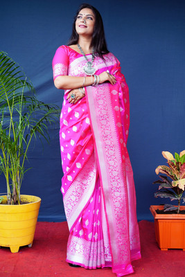 SARJAN AGRI EXPORT Self Design Banarasi Pure Silk Saree(Pink)