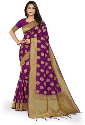 manvaa Embroidered Banarasi Cotton Silk Saree(Magenta)