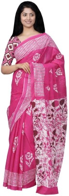 vaishnavi handicrafts Blocked Printed, Color Block, Floral Print, Printed Daily Wear Pure Cotton Saree(Pink)