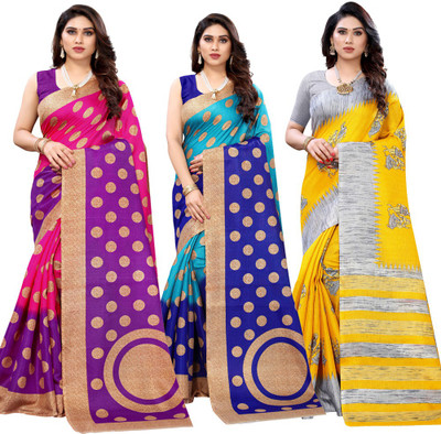 YASHIKA Printed Bollywood Art Silk Saree(Pack of 3, Light Blue, Pink, Yellow)