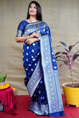 SARJAN AGRI EXPORT Self Design Banarasi Pure Silk Saree(Blue)