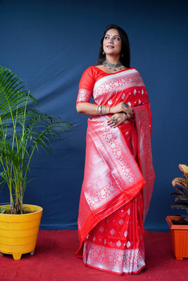 SARJAN AGRI EXPORT Self Design Banarasi Pure Silk Saree(Red)